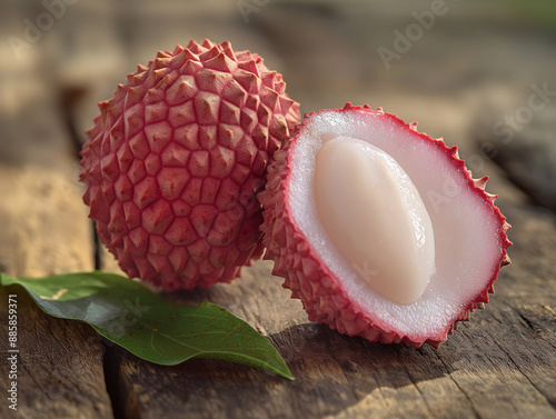 Lychee fruit cut on a rustic wooden table, copy space