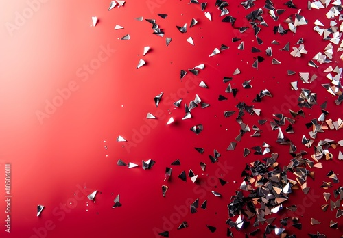 Silver Confetti Scattered on Red Background