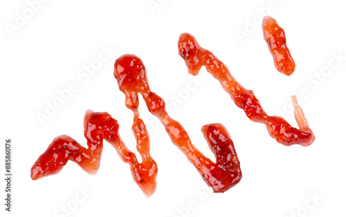 Strawberry thick jam drizzle, isolated on white background. Strawberry marmalade, sauce, topping drops. Top view.