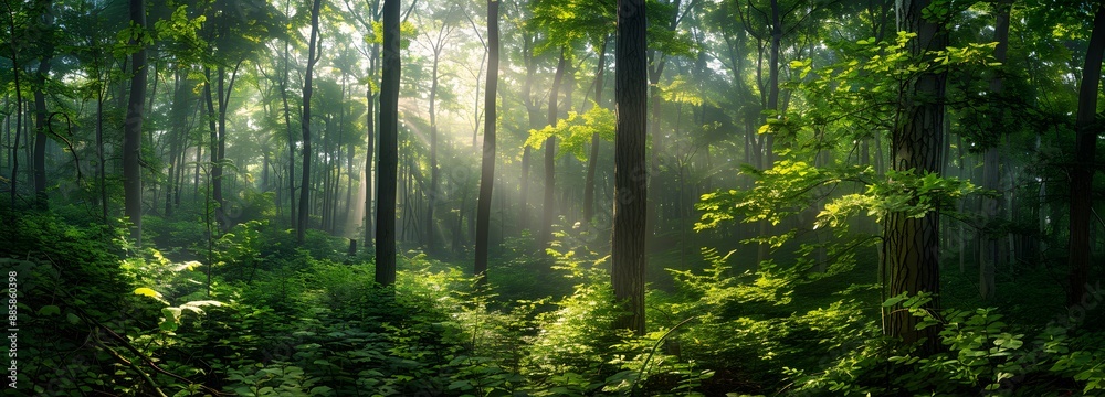 Fototapeta premium Sunbeams Through Lush Green Forest
