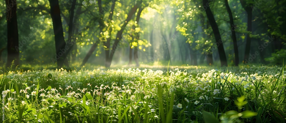 Sunlit Meadow with White Flowers in Enchanted Forest Sunlit Meadow with White Flowers in Enchanted Forest