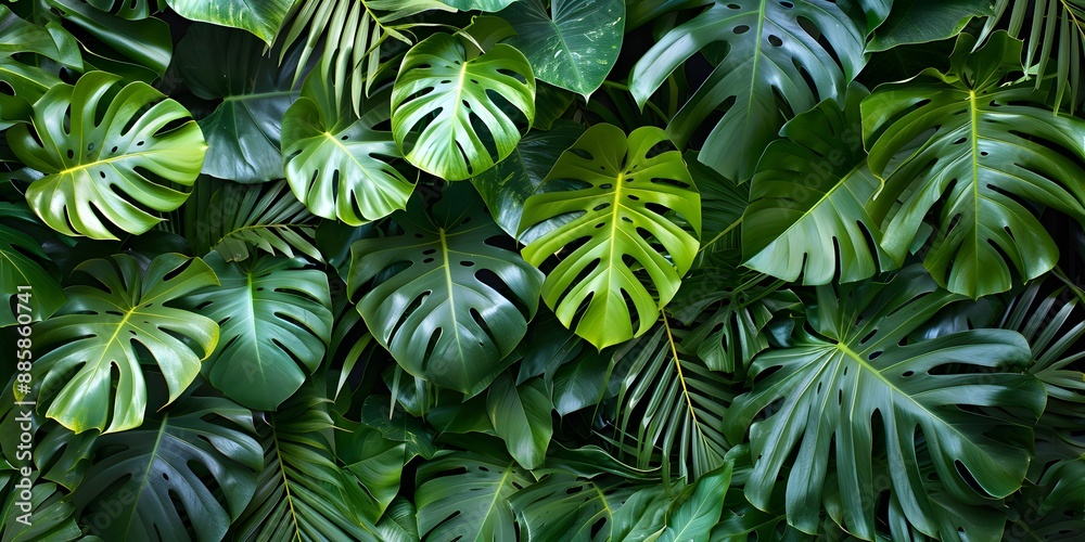 Lush Tropical Plant Wall With Monstera Leaves Lush Tropical Plant Wall With Monstera Leaves