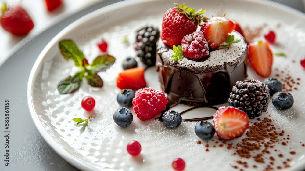 A beautifully presented dessert plate with a chocolate fondant, fresh berries, and mint leaves A beautifully presented dessert plate with a chocolate fondant, fresh berries, and mint leaves
