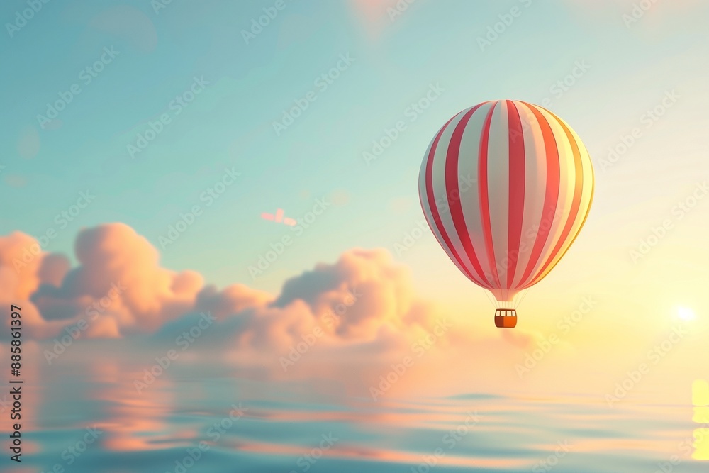 Fototapeta premium Serene Sunset Hot Air Balloon Ride Over Tranquil Waters - Beautiful Illustration