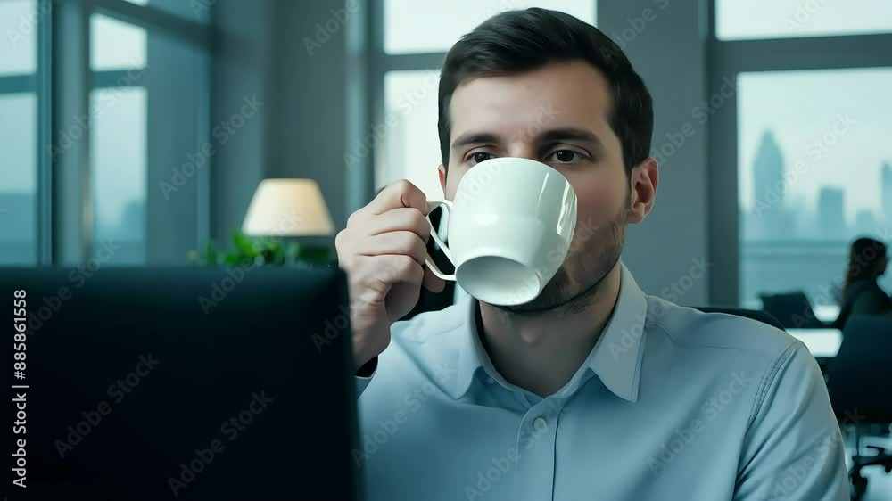 Man drinking coffee while working on laptop with Ai generated.
Man drinking coffee while working on laptop with Ai generated.