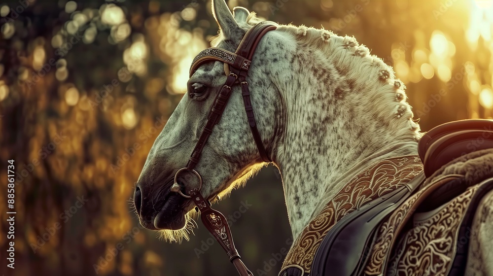 Fototapeta premium Elegant white horse adorned with intricate bridle and saddle standing in a sunlit forest