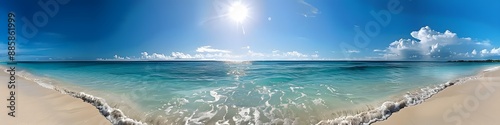 Tranquil Beach Panoramic View With Blue Water photo