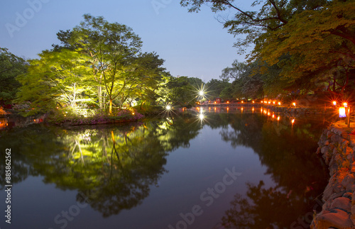 Summer and night view of Chundangji Pond with red lantern and trees with reflection on the water at Changgyeonggung Palace near Jongno-gu, Seoul, South Korea
 photo