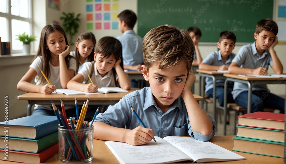 Niño con TDAH en un salón de clases, con problemas de aprendizaje y rendimiento escolar Niño con TDAH en un salón de clases, con problemas de aprendizaje y rendimiento escolar