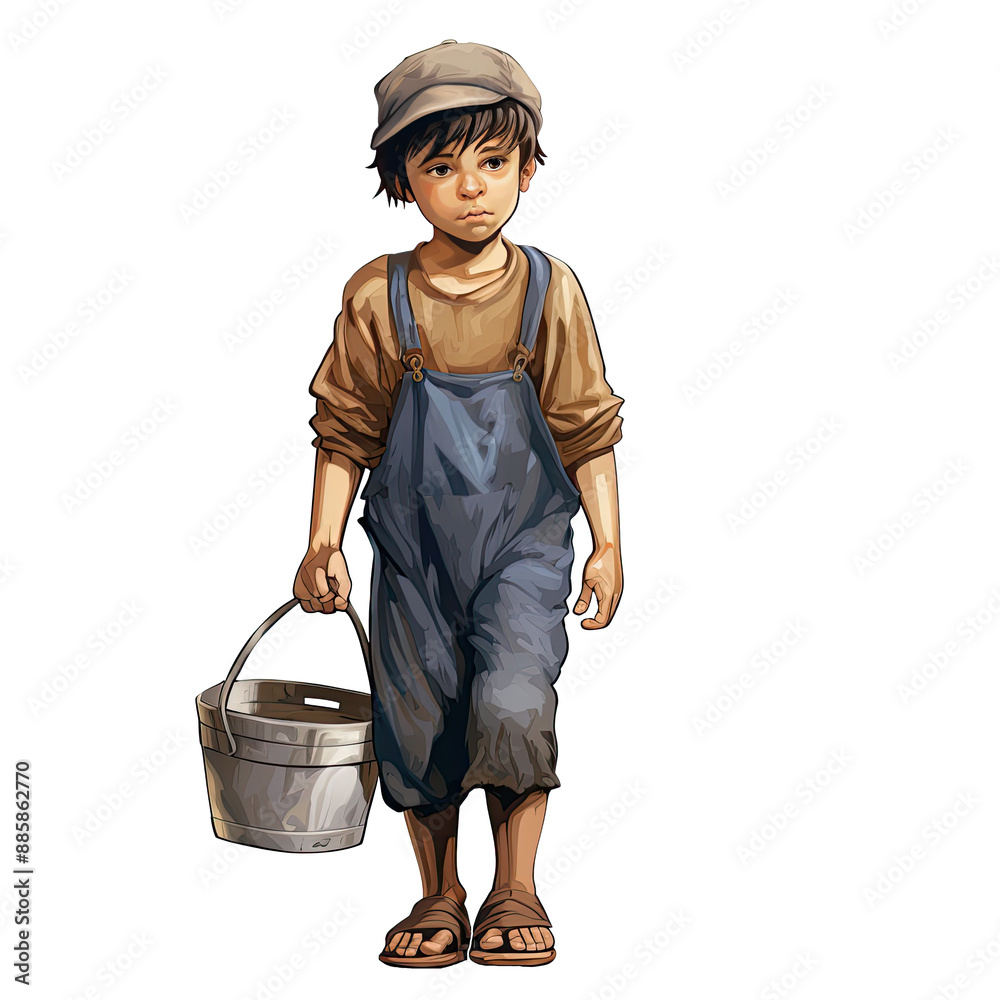 An illustration of a young boy child labor holding a bucket