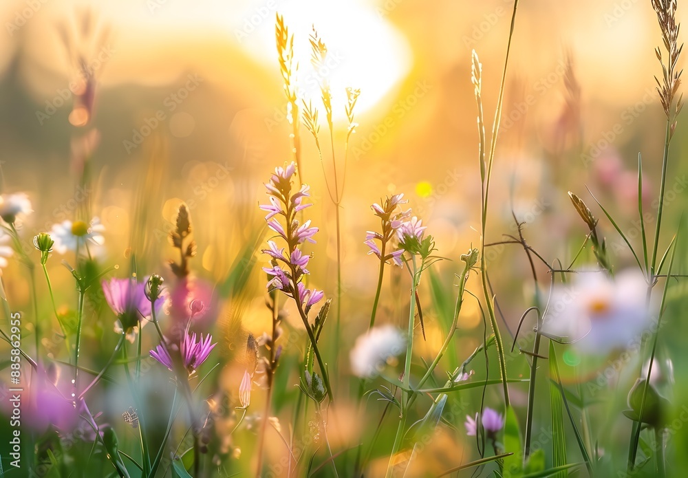 Fototapeta premium Sunrise Meadow with Blooming Wildflowers