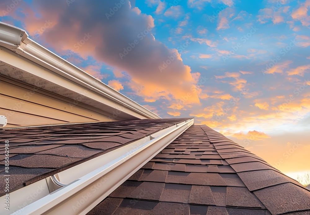 Fototapeta premium Brown Shingle Roof Sunset Sky View