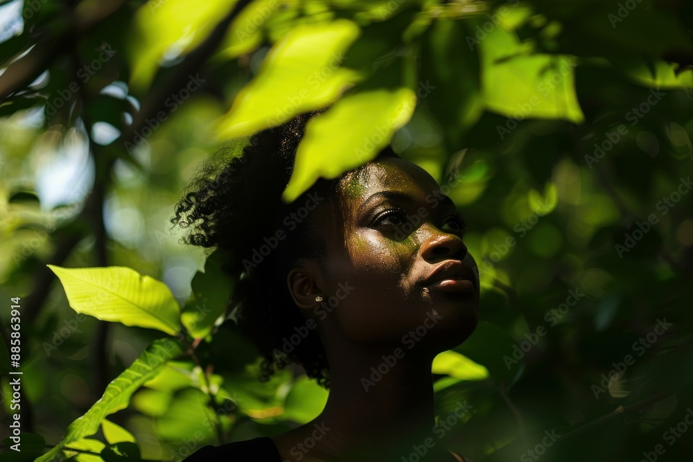Young woman is posing in the forest with green eyeshadow on her face Young woman is posing in the forest with green eyeshadow on her face