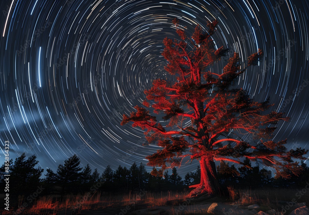 Fototapeta premium Red Tree Under Star Trails Time-Lapse