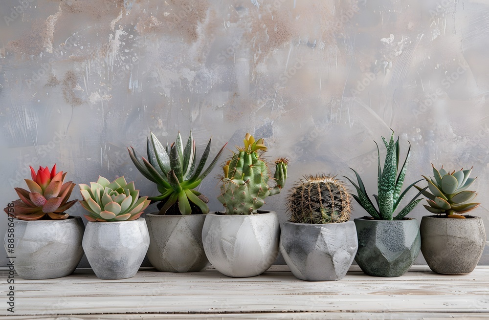 Succulents and Cacti in Concrete Pots on Wooden Surface Succulents and Cacti in Concrete Pots on Wooden Surface
