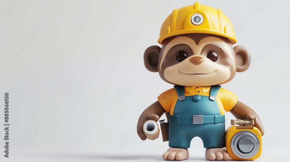 Cute monkey toy wearing a hardhat and overalls, holding a blueprint and a tool box. Cute monkey toy wearing a hardhat and overalls, holding a blueprint and a tool box.