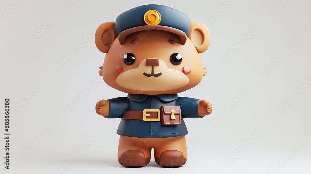 Fototapeta premium Cute cartoon bear dressed as a policeman, isolated on white background.