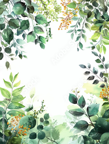Watercolor floral illustration green frame, border, bouquet, for wedding stationary, greetings, wallpaper and background