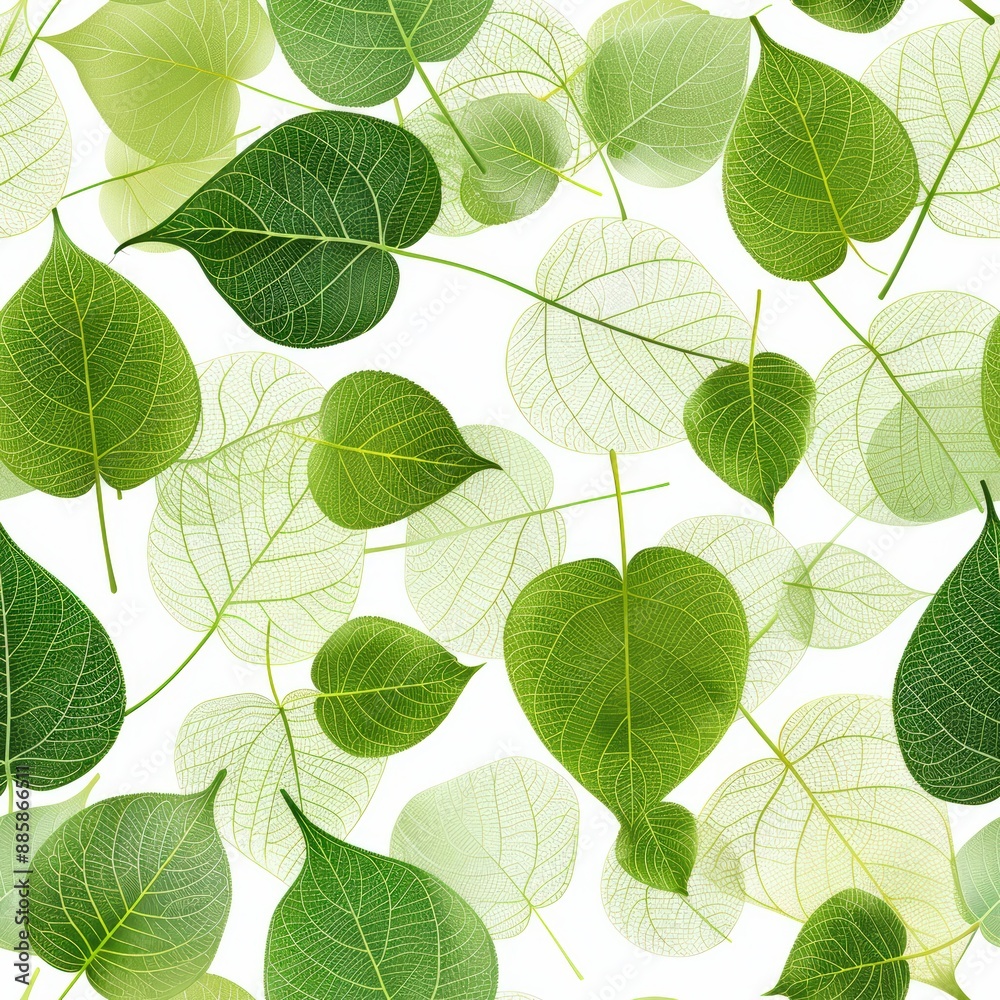 Fototapeta premium Seamless pattern of green leaves with intricate veins on a white background, perfect for nature-themed designs and projects.