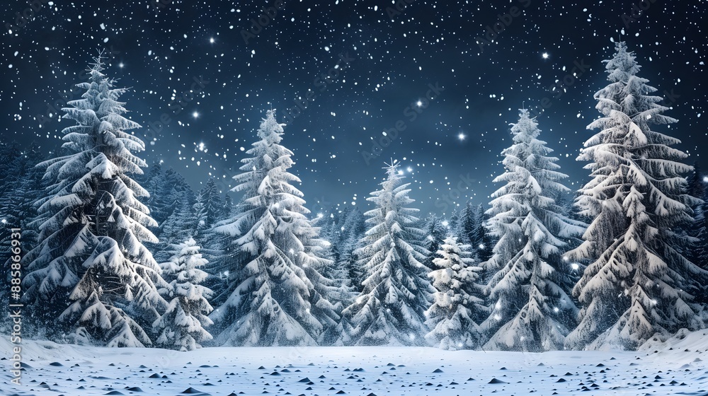 Naklejka premium Snowy Forest Night with Starry Sky