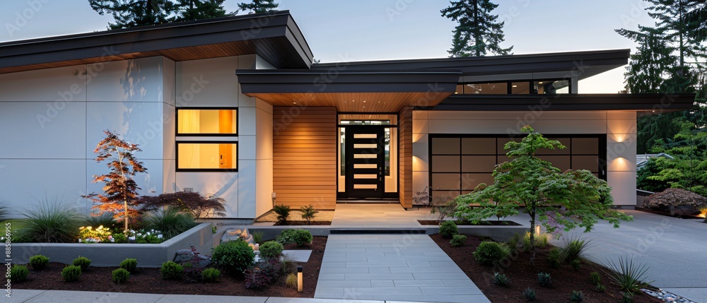 Fototapeta premium Inviting Entryway of Contemporary Residence with Stylish Door, Landscaping, and Outdoor Lights