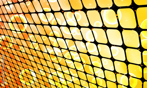 Large led projection screen. Light show on the stage bright yellow background. shiny grid with bubbles.