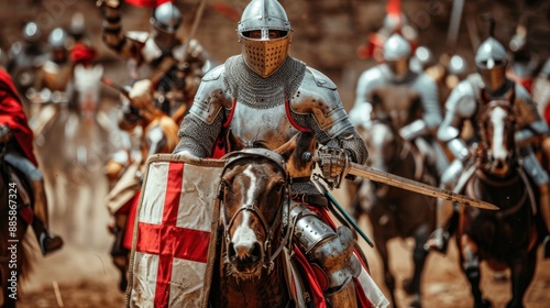 Medieval knights in armor charge into battle on horseback, showcasing historical warfare and knightly valor.