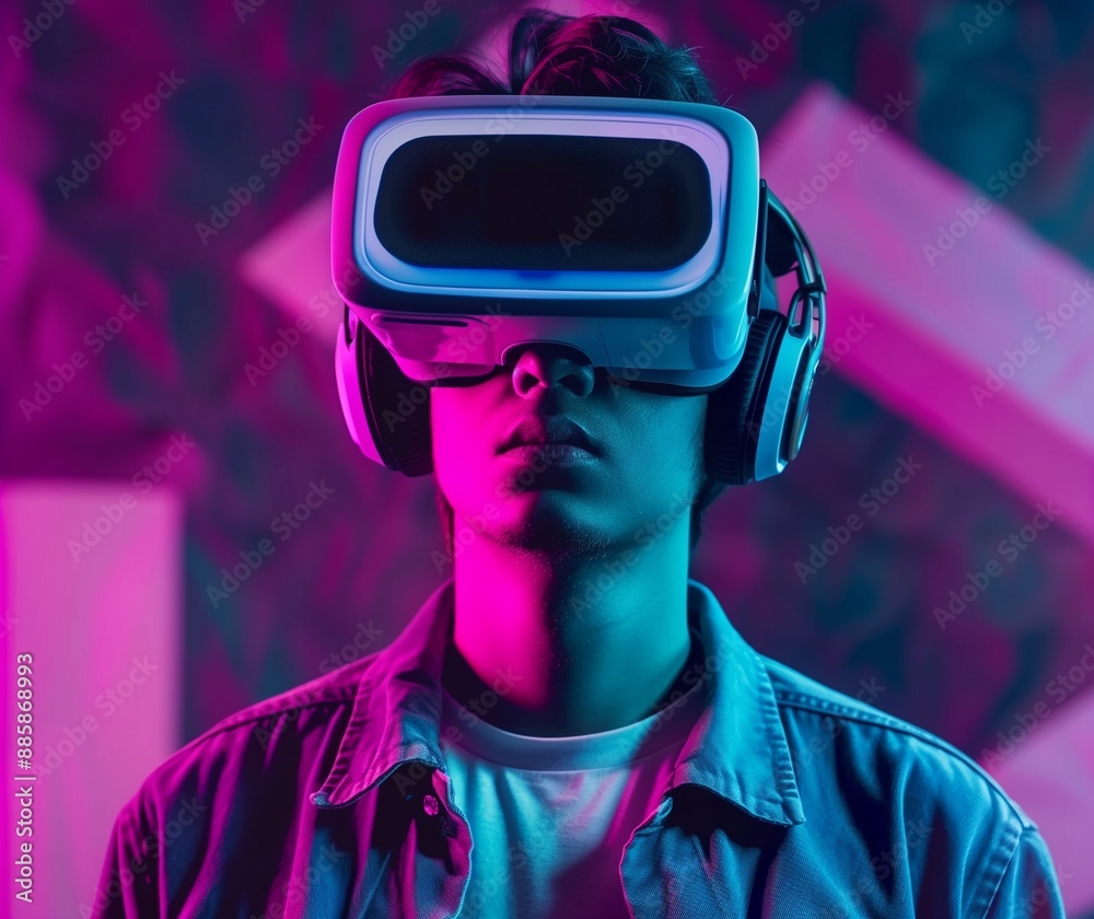 Immersive Virtual Reality Experience with Futuristic Headset in Neon Lighting - Person Exploring VR Technology Immersive Virtual Reality Experience with Futuristic Headset in Neon Lighting - Person Exploring VR Technology