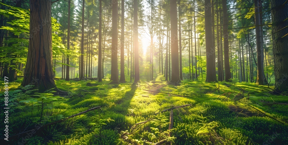 Obraz premium Sunlight Filtering Through Lush Green Forest