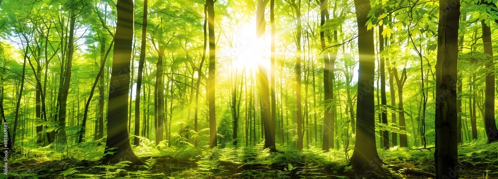 Obraz premium Sunlight Through Green Forest Trees