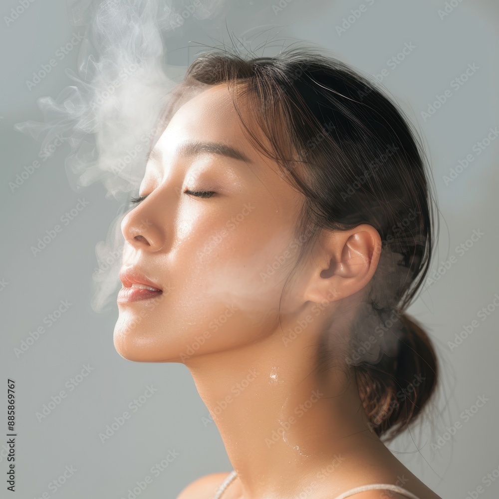 Naklejka premium Radiant Asian Woman Enjoying Facial Steam Treatment on White Background