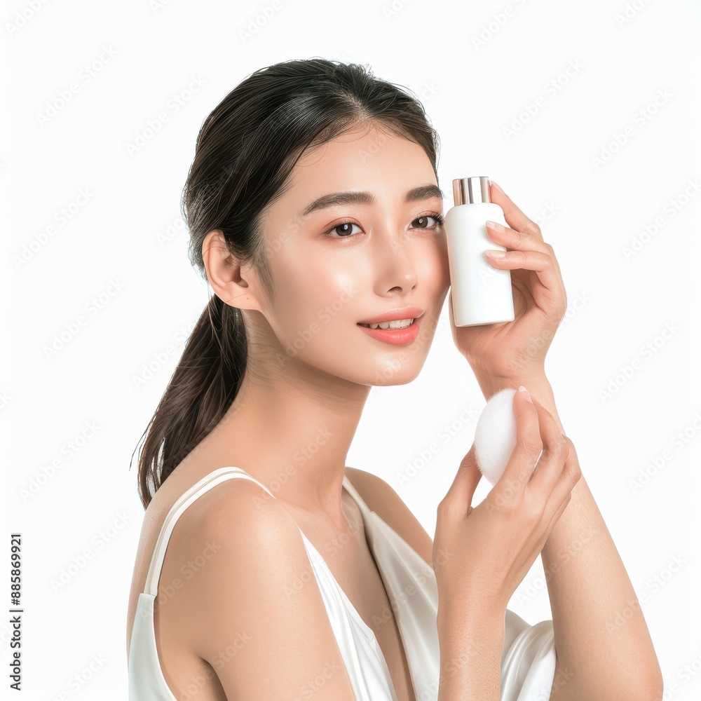 Asian Woman Applying Facial Toner for Healthy Skin on White Background - Realistic Beauty Routine Concept Asian Woman Applying Facial Toner for Healthy Skin on White Background - Realistic Beauty Routine Concept
