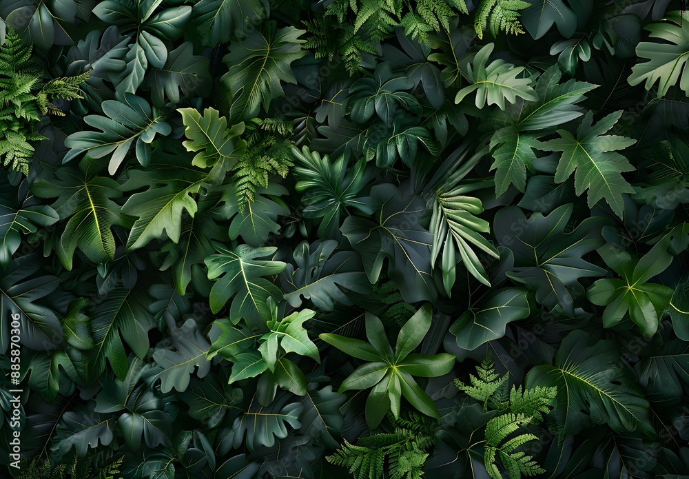 Lush Green Tropical Leaf Wall, Top View Lush Green Tropical Leaf Wall, Top View