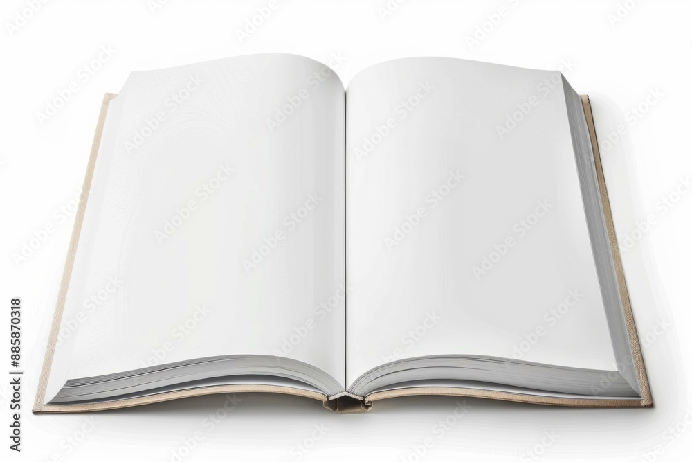 Open book with blank pages is laying on a white surface Open book with blank pages is laying on a white surface