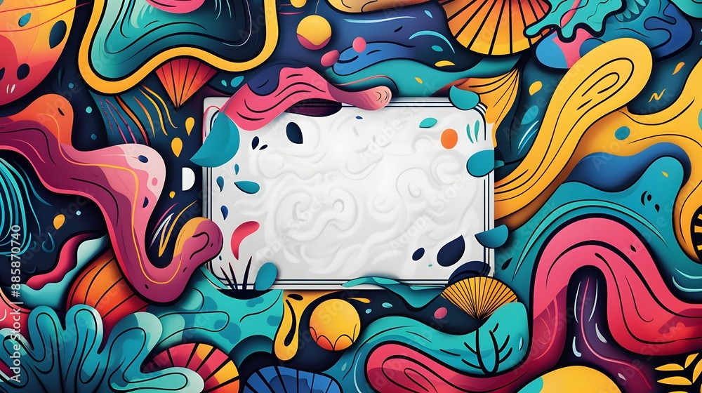 Obraz premium Bright abstract shapes in a doodle, white background with a large central space for text.