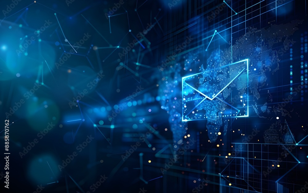 Digital blue background with a glowing email icon on the right side, vector illustration. A global map is visible in the dark space behind it. Digital blue background with a glowing email icon on the right side, vector illustration. A global map is visible in the dark space behind it.
