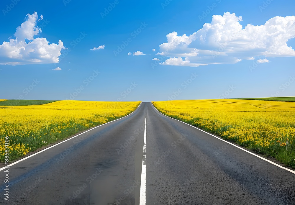 Asphalt Road Through Yellow Flower Fields Asphalt Road Through Yellow Flower Fields