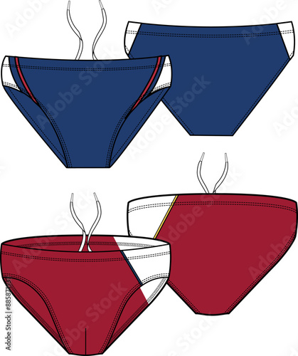 Colorblocked Mens Swim Brief Fashion Illustration Vector CAD,Technical Drawing Flat Template Mockup Front and Back with Drawstrings