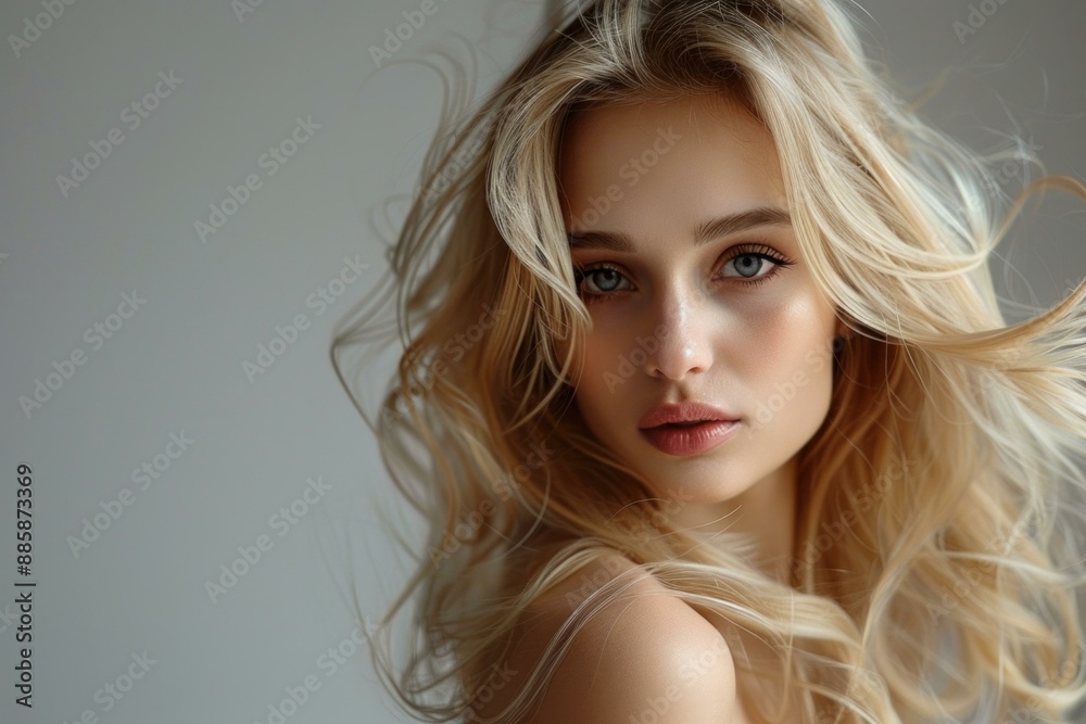 Beautiful blonde woman with long wavy hair is posing in a studio setting, her hair cascading over her shoulders as she looks at the camera Beautiful blonde woman with long wavy hair is posing in a studio setting, her hair cascading over her shoulders as she looks at the camera