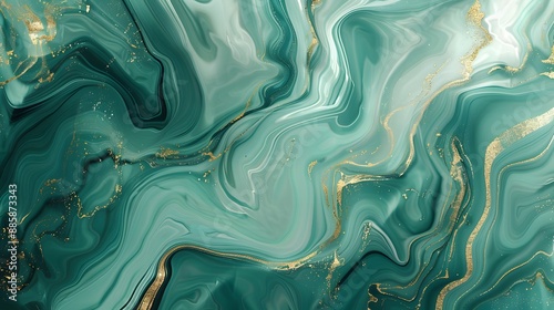 Abstract Emerald Green and Gold Swirling Marble Texture