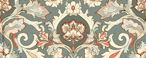 Seamless vintage pattern, muted pastel colors, intricate floral motifs, digital illustration, elegant and nostalgic design, Victorian style, delicate and timeless