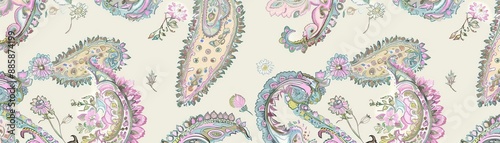 Seamless vintage pattern, soft pastel colors, classic paisley design, digital rendering, traditional and ornate, bohemian style, detailed and intricate