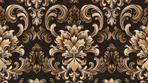 Vintage pattern, seamless, earthy tones, classic damask design, digital rendering, ornate and sophisticated, baroque style, luxurious and intricate
