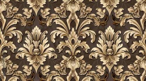 Vintage pattern, seamless, earthy tones, classic damask design, digital rendering, ornate and sophisticated, baroque style, luxurious and intricate
