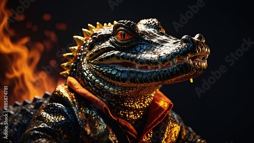 A alligator in clothes made of fire and gold. surrounded by the fiery sun and stars