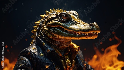 A alligator in clothes made of fire and gold. surrounded by the fiery sun and stars