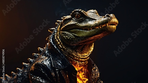 A alligator in clothes made of fire and gold. surrounded by the fiery sun and stars