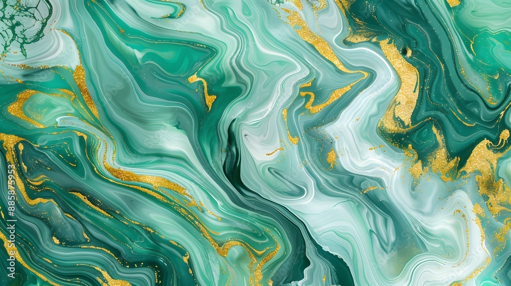 Abstract Green Gold Swirling Marble Background