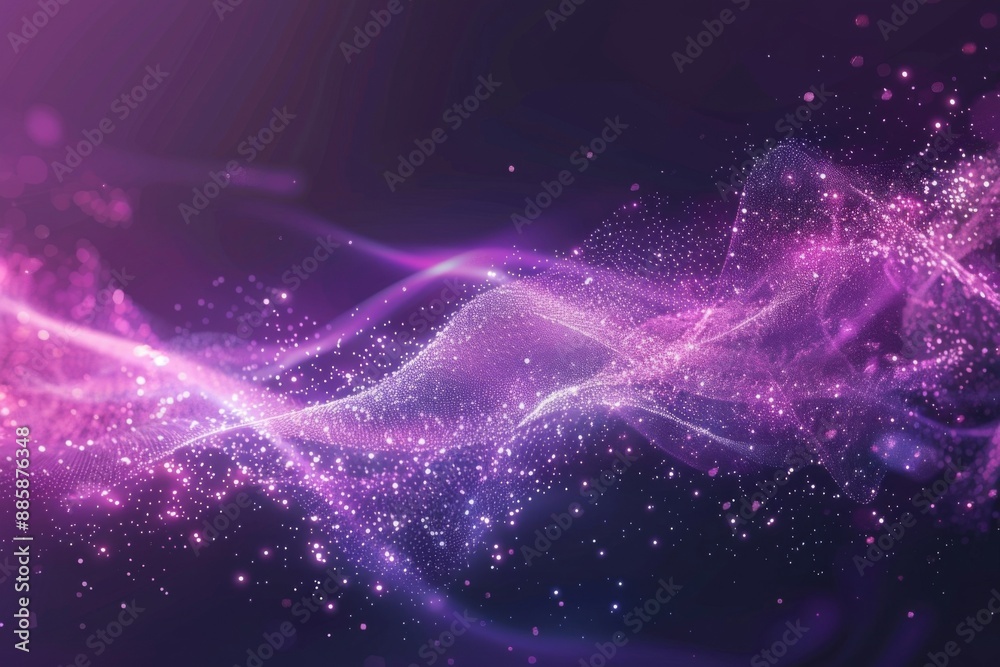 Fototapeta premium Digital purple particle waves and light create an abstract background filled with shining stars, representing a vibrant and dynamic visual experience in modern design.