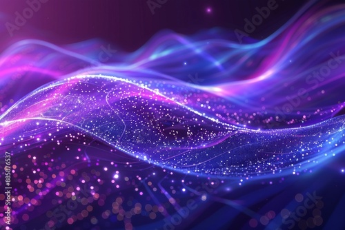 Digital purple particle waves and light create an abstract background filled with shining stars, representing a vibrant and dynamic visual experience in modern design. © 为轩 张